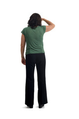 back view of a woman with her hand on her forehead looking into the distance on white background