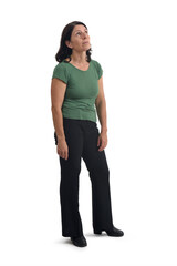  view of a woman thinking on white background