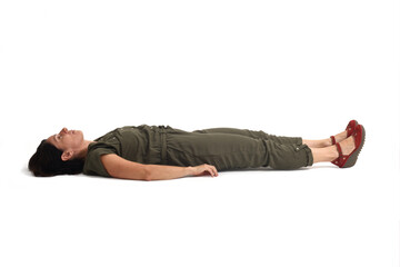woman lying on the floor looking up on white background