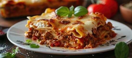 Italian baked pasta specialty, lasagna, stuffed with meat ragu, ricotta, and mozzarella.