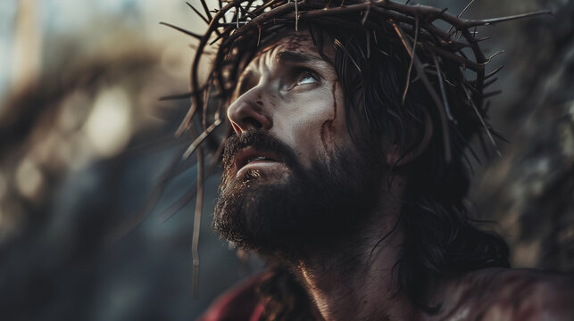 Jesus Christ wearing crown of thorns Passion and Resurection. Easter card, Good Friday.