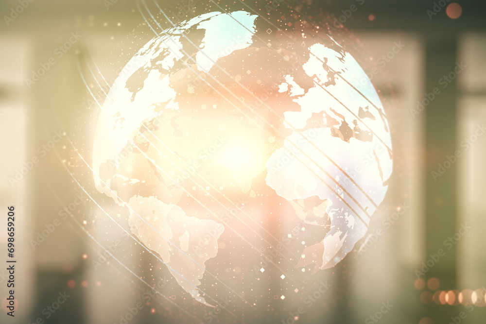 Poster multi exposure of abstract graphic world map hologram on abstract empty interior background, connect