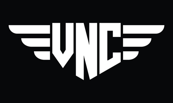 VNC three letter logo, creative wings shape logo design vector template. letter mark, word mark, monogram symbol on black & white.