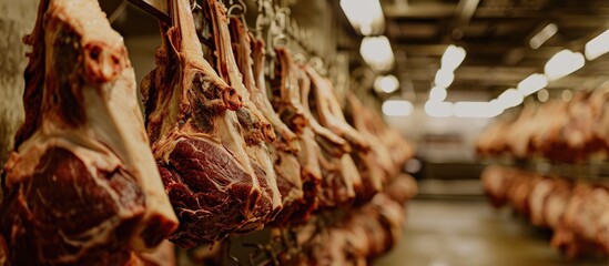 Halal cut lamb carcasses hung on hooks in a refrigerated warehouse.