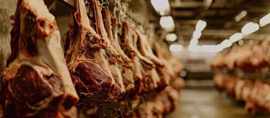 Foto op Plexiglas Halal cut lamb carcasses hung on hooks in a refrigerated warehouse. © AkuAku