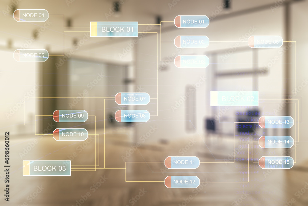 Poster multi exposure of abstract programming language hologram on a modern furnished office interior backg
