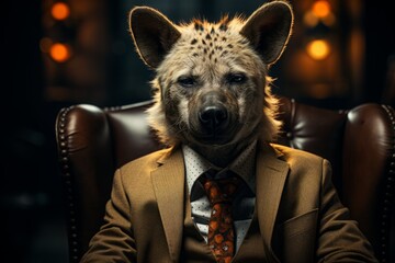 hyena in a business suit with a tie. businessman with the head of a predatory animal.