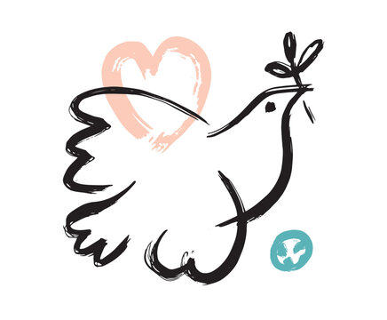 The dove of peace, a simple drawing. A vector ink illustration made with a rough brush, isolated on a white background.