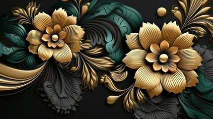 A mesmerizing display of golden flowers amidst dark green foliage, artistically rendered with intricate details