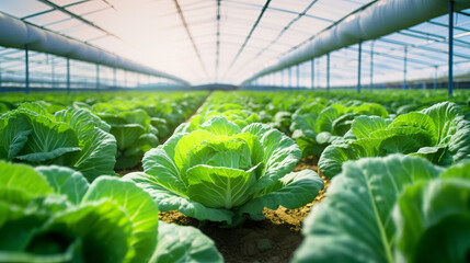 the picture is a long greenhouse with cabbage