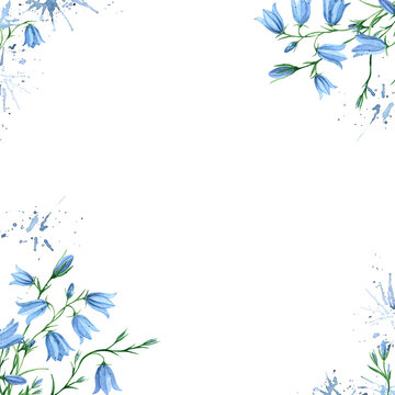 Frame with watercolor illustration of bluebells. Botanical border, meadow flowers. Campanula medium. Floral Botanical border, save the date, invitation, thank you card. Inscription, photo template