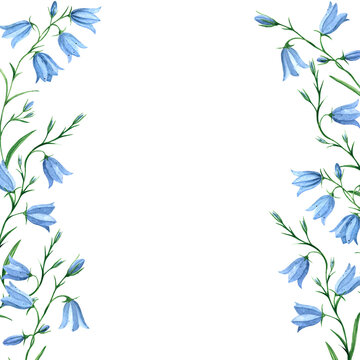 Frame with watercolor illustration of bluebells. Botanical border, meadow flowers. Campanula medium. Floral Botanical border, save the date, invitation, thank you card. Inscription, photo template