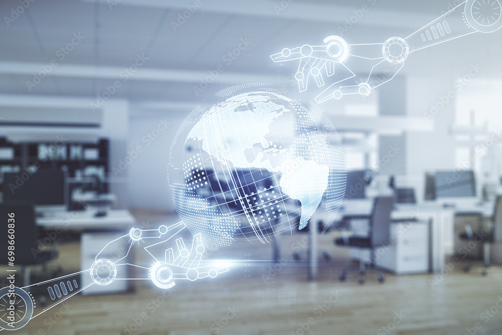 Poster abstract virtual robotics technology hologram with globe on a modern furnished classroom background,