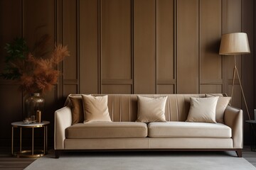 Paneling wall backdrop for a stylish beige velvet sofa in interior decor