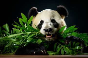 Panda is eating a bamboo plant on a dark background. Cute bamboo bear, close-up portrait on studio backdrop.