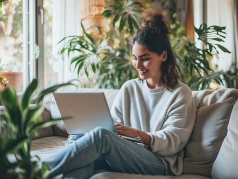 Young woman sitting on couch and surfing on laptop