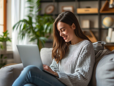 Young woman sitting on couch and surfing on laptop