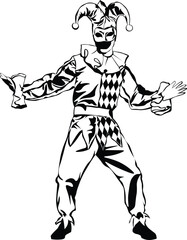 Cartoon Black and White Isolated Illustration Vector Of A Court Jester Clown