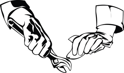 Cartoon Black and White Isolated Illustration Vector Of A Hand Holding a Pair of Pliers 