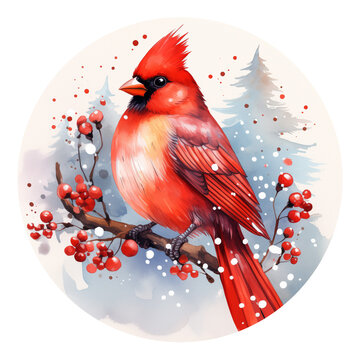 recommend clip art: Cute watercolor cardinal on branch. Bird illustration in circle form, round ornament.