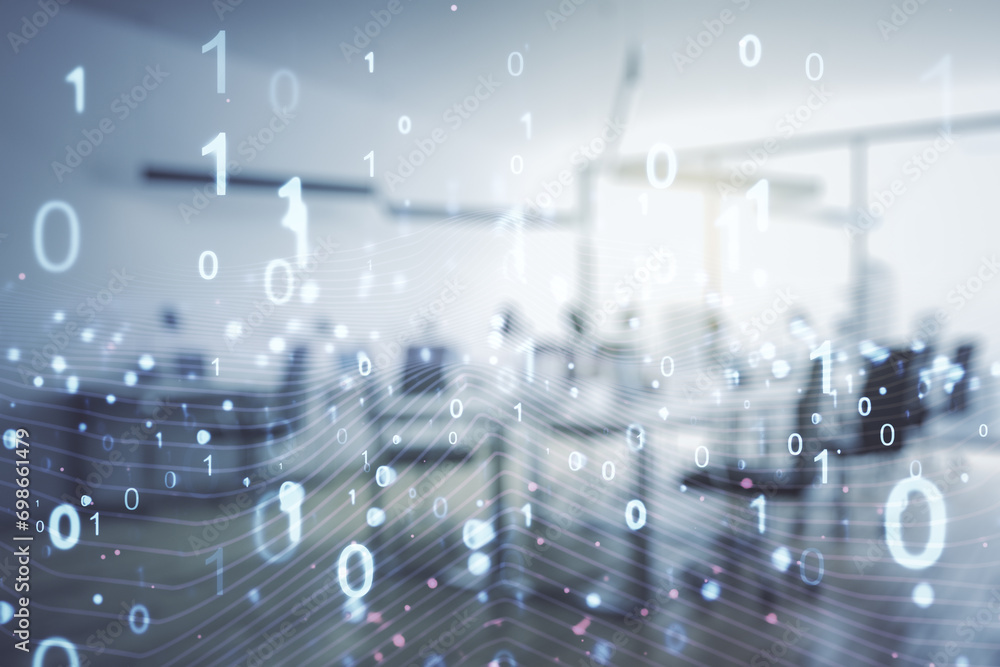 Aufkleber Abstract virtual binary code illustration on a modern furnished office background. Big data and coding concept. Multiexposure
