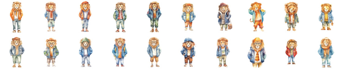 watercolor lion wearing clothes playfull funny white background isolated