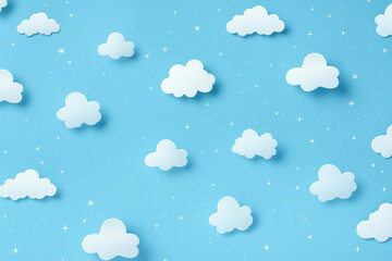 Cute blue background with white clouds and tiny stars, children's room, baby backdrop with copy space