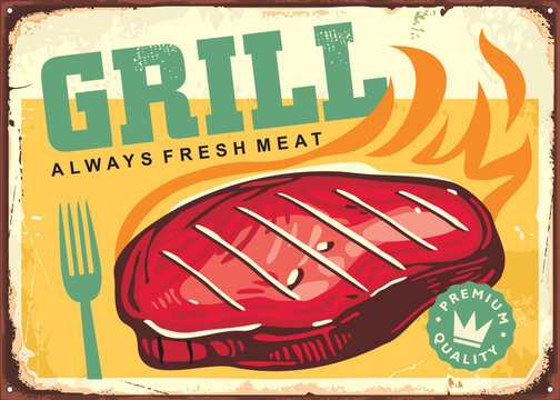 Grilled meat steak on fire, retro advertisement for barbecue restaurant. Beef steak vintage sign design. Food vector illustration.