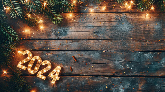 A rustic wood background with "2024" in bright lights, New Year, Flat lay, top view, with copy space