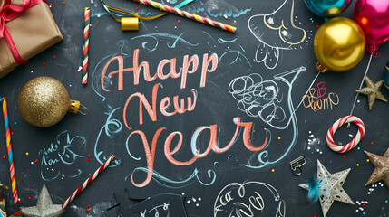 A chalkboard with handwritten "Happy New Year" and festive doodles, Happy new year, Flat lay, top view, with copy space
