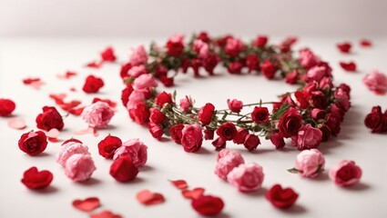 Wreath of red roses and petals on white background, closeup