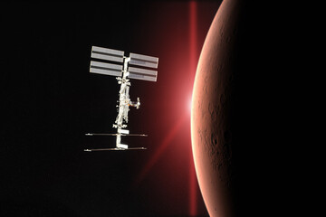 Red planet Mars. Spacecraft launch into space. Elements of this image furnished by NASA.