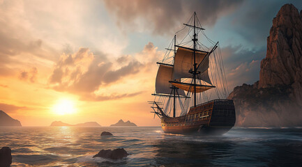 Fototapeta premium Sailing Ship at Sunset in Serene Ocean Waters 