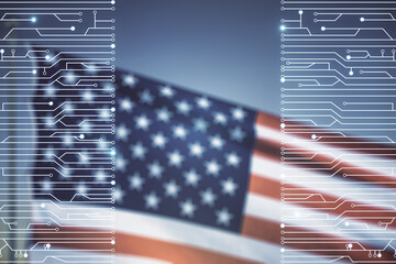 Abstract virtual microscheme illustration on USA flag and sunset sky background. Big data and database concept. Multiexposure