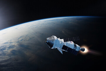 Spaceship Orion on low-orbit of Earth. Artemis space program. Elements of this image furnished by...