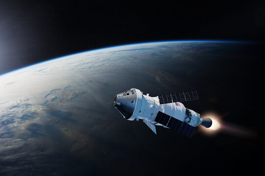 Spaceship Orion on low-orbit of Earth. Artemis space program. Elements of this image furnished by NASA.