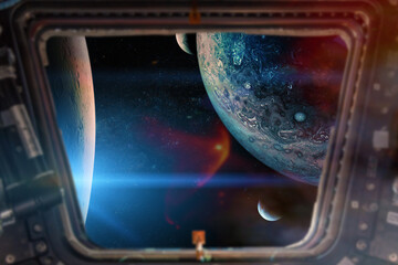 Alien planets view from a porthole of spacecraft. Elements of this image furnished by NASA.