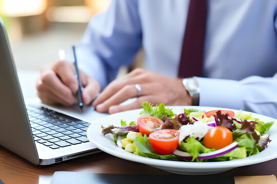 person is working on a laptop while taking notes, with a plate of fresh salad on the table, symbolizing a balance of productivity and healthy eating