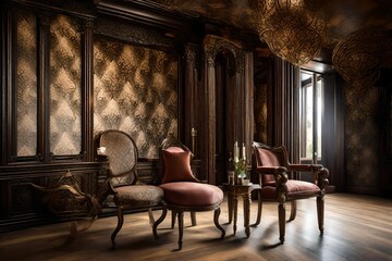 Fototapeta na wymiar A stunning interior with ornate bronze columns, a regal chair, and intricately patterned wallpaper, illuminated by perfect lighting, exuding timeless elegance