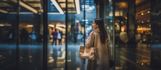 Rear view of happy young Asian woman carrying paper bag and coat shopping center background in mall - obrazy, fototapety, plakaty