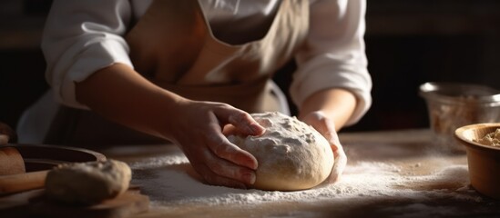Professional baker woman preparing dough for bread such as sourdough or artisan bread on kitchen table - obrazy, fototapety, plakaty