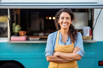 Portrait happy middle aged female smiling small business owner posing near her food truck