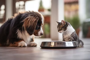 Foto op Canvas Dog and cat eating together in the kitchen © ty