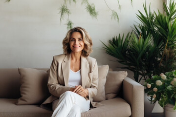 Obraz premium Smiling middle aged woman sitting on a couch near a plants, wearing a light beige jacket