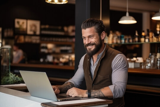 handsome businessman with a laptop at the counter bar