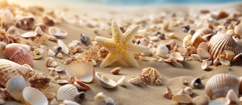 Sandy beach with shells and starfish as a natural textured background