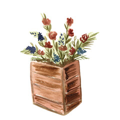 Box with flowers, flowerbed .Watercolor illustration.