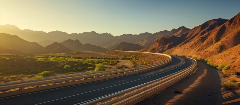 Beautiful views of the mountains from the winding highway, at sunrise and clear blue skies