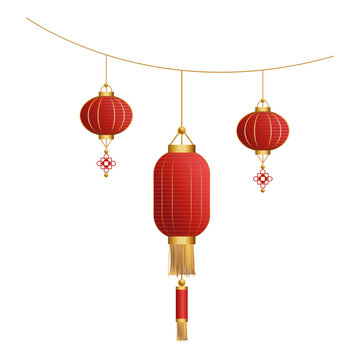 Vector lanterns chinese asian new year japanese red lamps with golden decor festival