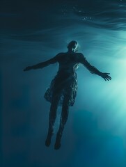 Fototapeta premium A body suspended in the ocean with rays of light shining on it. Great for stories of crime, murder, horror, mystery, danger and more. 